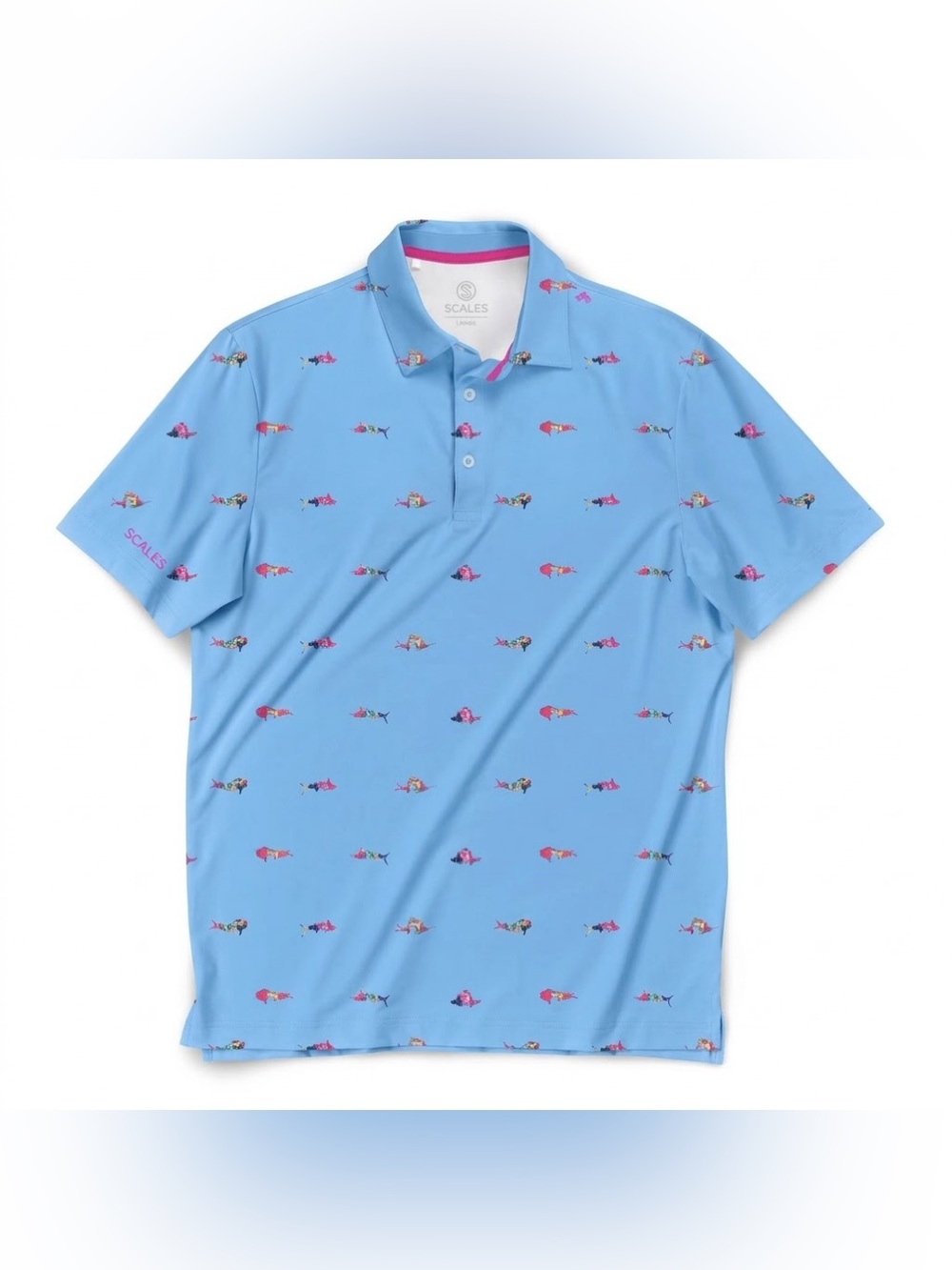 Scales Men's Light Blue Fish Print Performance Golf Polo Pink Collar Size L